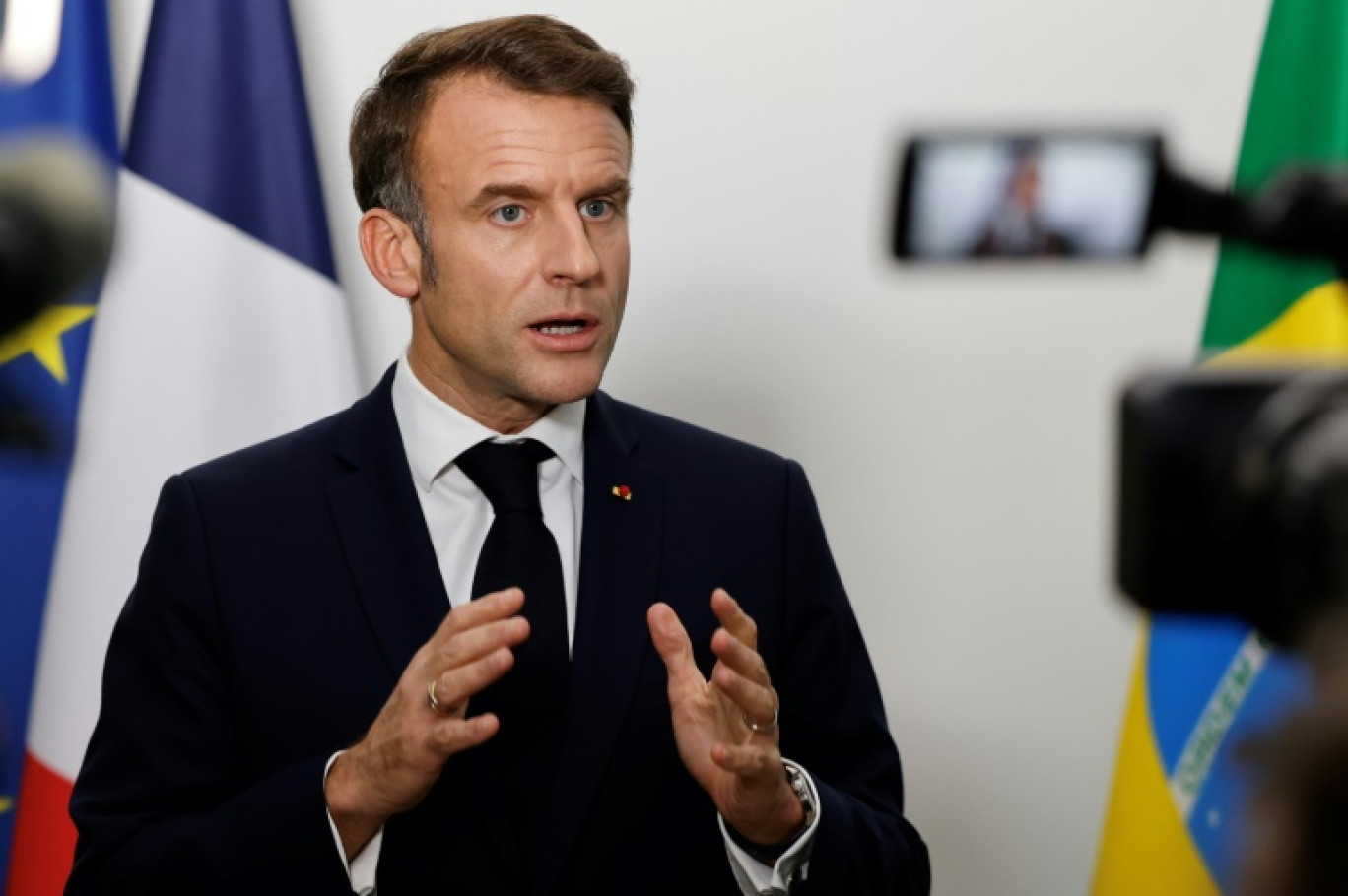 Emmanuel Macron en conférence de presse en marge de la réunion des dirigeants du G20 à Rio de Janeiro, au Brésil, le 19 novembre 2024 © Ludovic MARIN