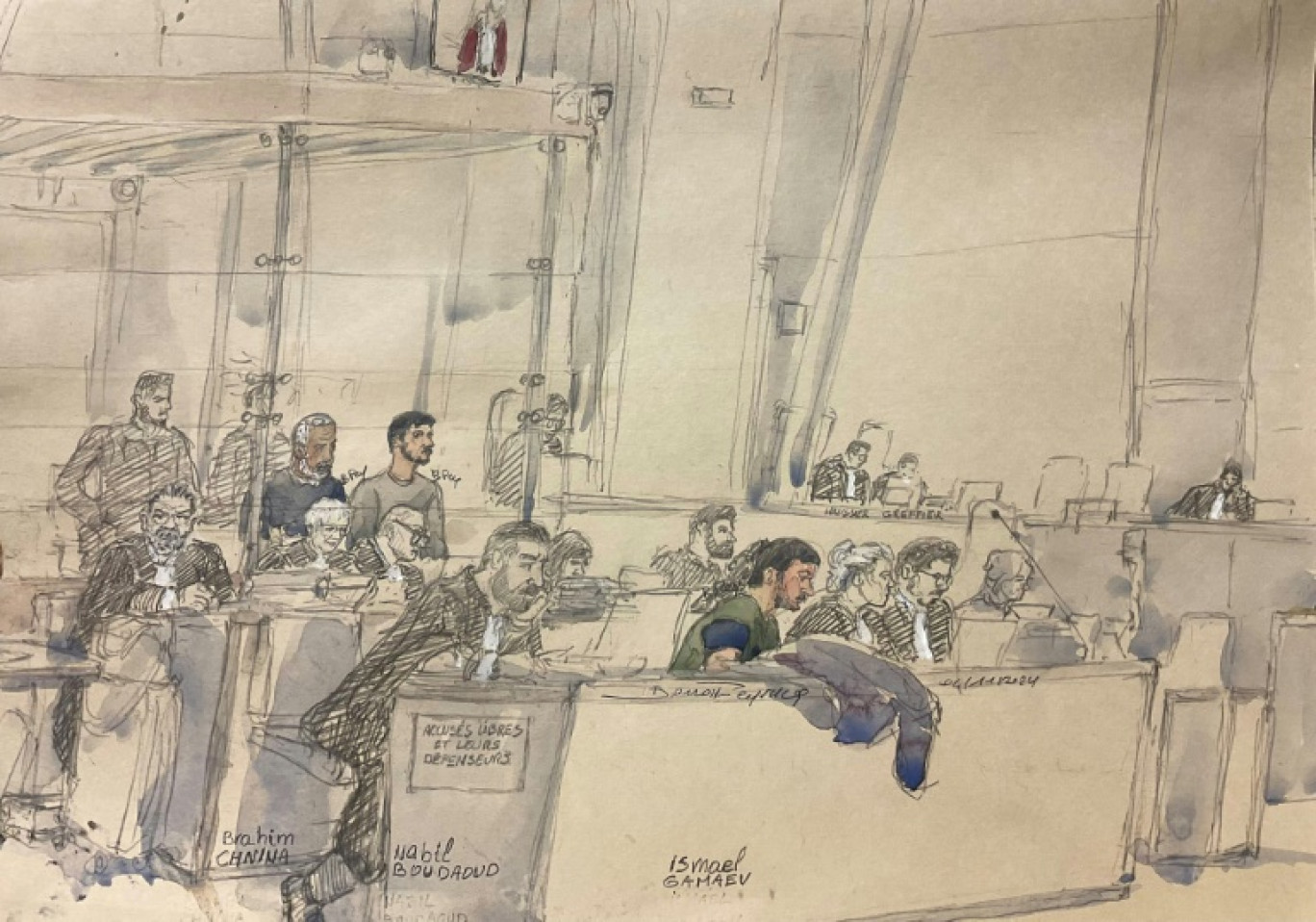 Croquis d'audience montrant de gauche à droite Brahim Chnina, Naïm Boudaoud et Ismael Gamaev, jugés pour complicité dans l'assassinat du professeur Samuel Paty, à la cour d'assises spéciale de Paris, le 4 novembre 2024 © Benoit PEYRUCQ