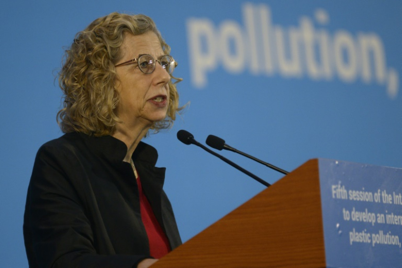 La cheffe du programme de l'environnement de l'ONU Inger Andersen lors dernier cycle de négociations sur un traité mondial contre la pollution plastique à Busan, en Corée du Sud, le 25 novembre 2024 © ANTHONY WALLACE