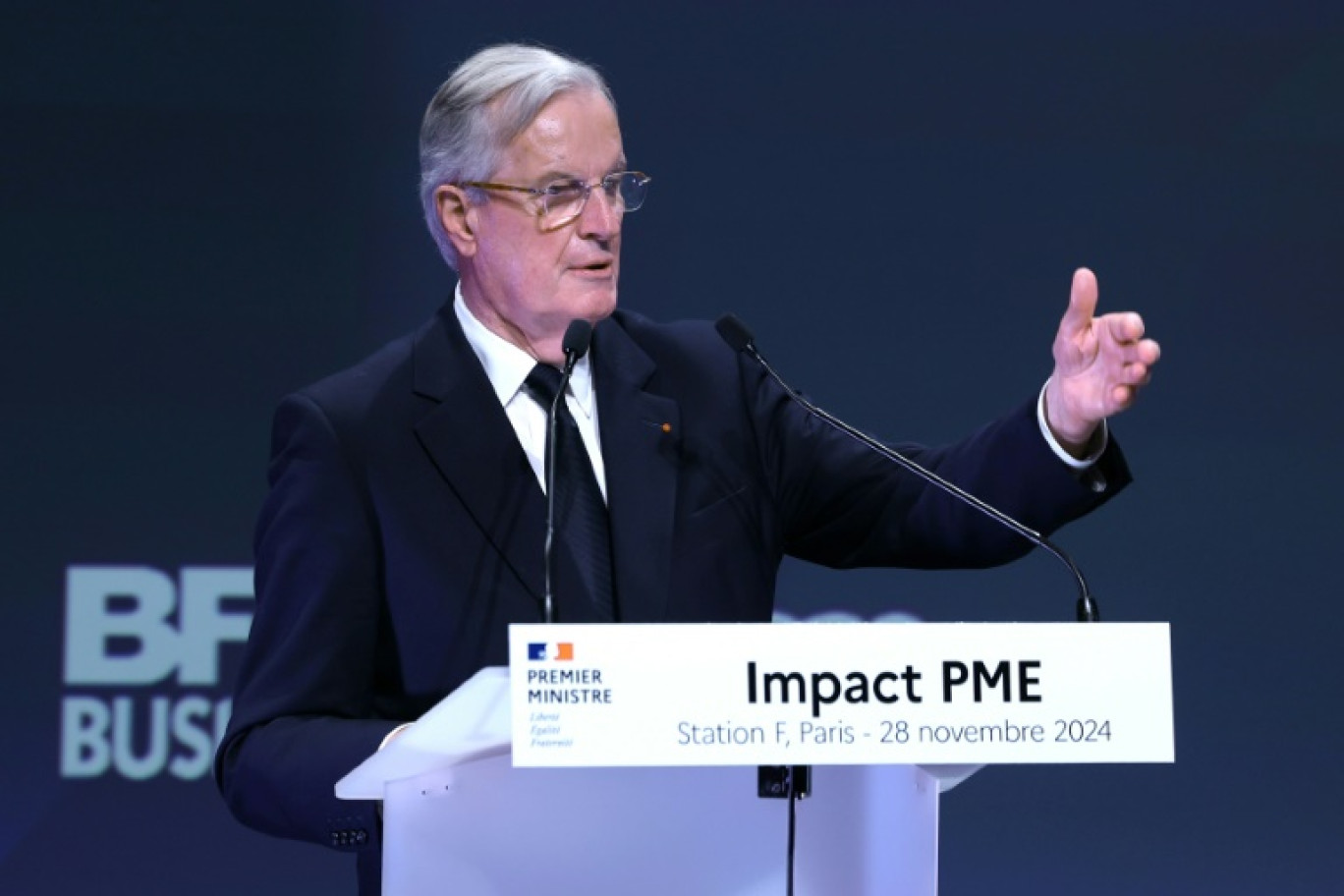 Le Premier ministre Michel Barnier lors de la 5e édition de l'événement Impact PME (petites et moyennes entreprises), à Paris, le 28 novembre 2024 © Alain JOCARD