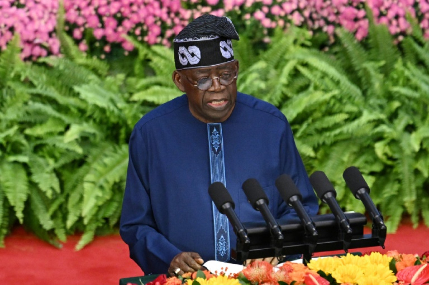 Le président du Nigeria, Bola Tinubu, s'exprime lors d'une cérémonie à Pékin, le 5 septembre 2024 © GREG BAKER