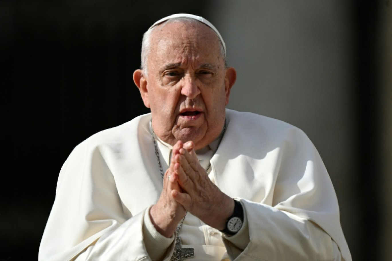 This handout photo taken and released by the Vatican Media on November 30, 2024 shows Pope Francis meeting elected representatives of the French State at the Vatican. © Handout