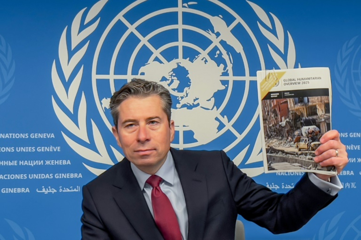 Le chef des affaires humanitaires des Nations unies, Tom Fletcher, lors d'une conférence de presse à Genève, le 3 décembre 2024 © Elodie LE MAOU