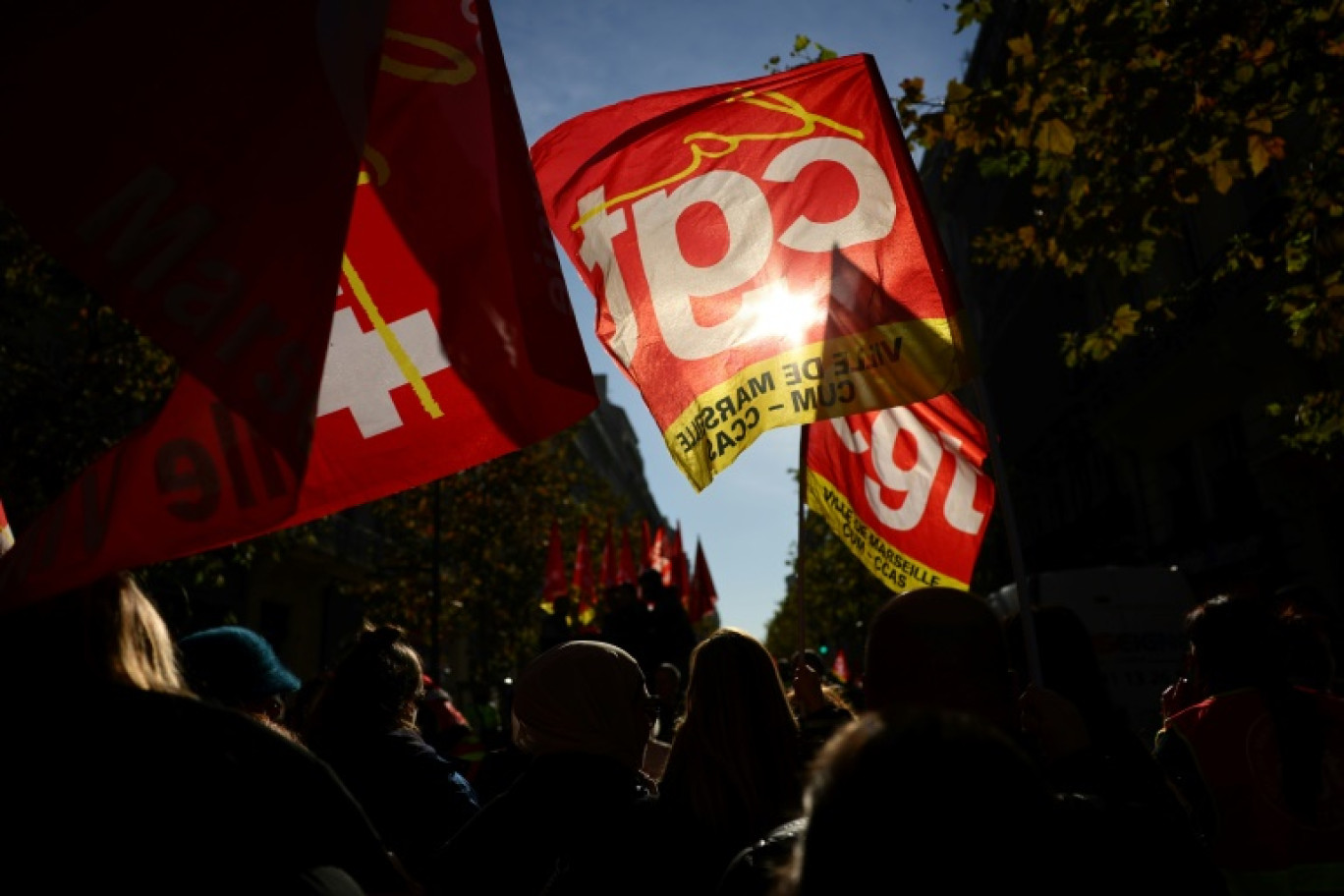 Un manifestant brandit une pancarte critiquant le déclin du fret ferroviaire lors d'une manifestation le 12 décembre 2024, à Paris © Thomas SAMSON