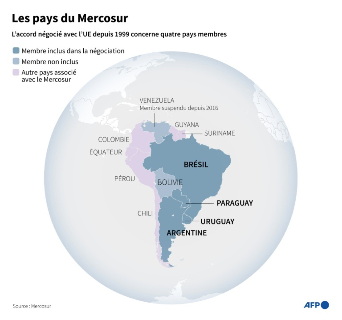 Carte montrant les pays membres du Mercosur, zone de libre-échange en Amérique du Sud, dont 4 sont concernés par l'accord discuté depuis 1999 avec l'UE © Valentina BRESCHI