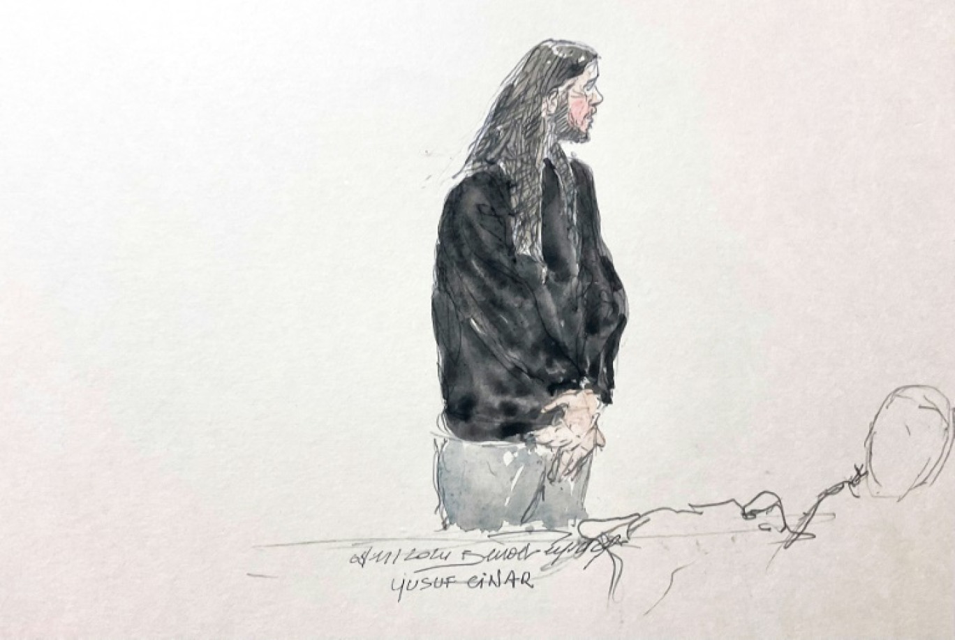 Croquis d'audience de Yusuf Cinar présenté par l'accusation comme un membre de la "jihadosphère" qui gravitait autour d'Abdoullakh Anzorov, l'assassin de Samuel Paty, sur les réseaux sociaux, à la cour d'assises spéciale de Paris, le 8 novembre 2024 © Benoit PEYRUCQ