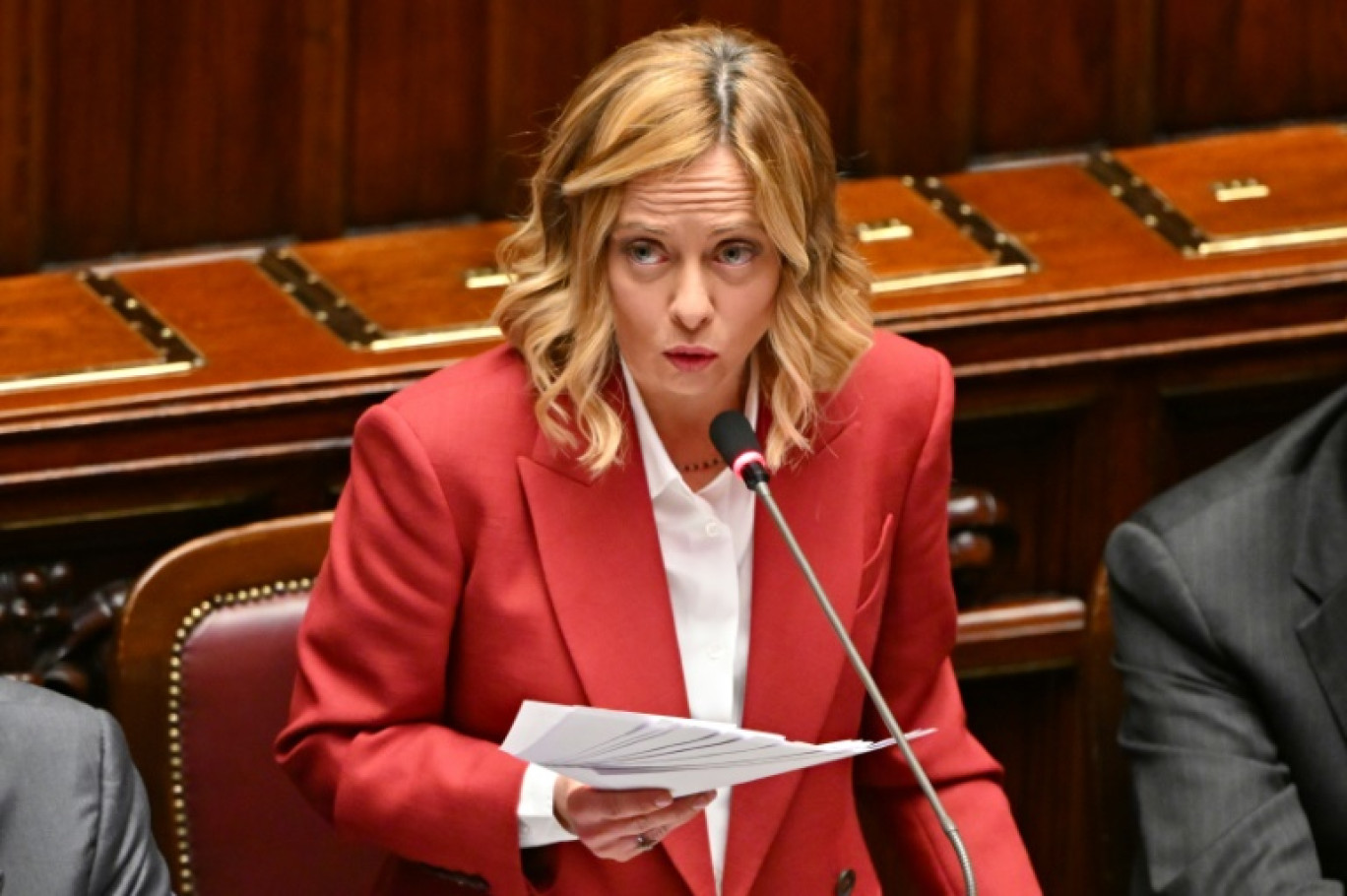 La cheffe du gouvernement italien Giorgia Meloni lors de son discours devant la Chambre des députés italiens, à Rome, le 17 décembre 2024 © Andreas SOLARO