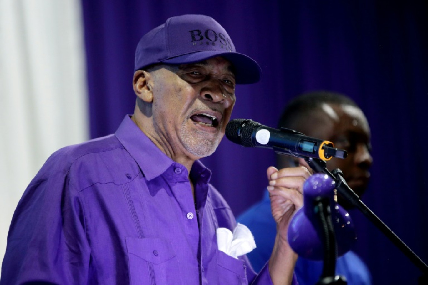 L'ancien président du Suriname, Desi Bouterse, lors d'un rassemblement de son parti, le 16 décembre 2023 à Paramaribo © Ranu Abhelakh