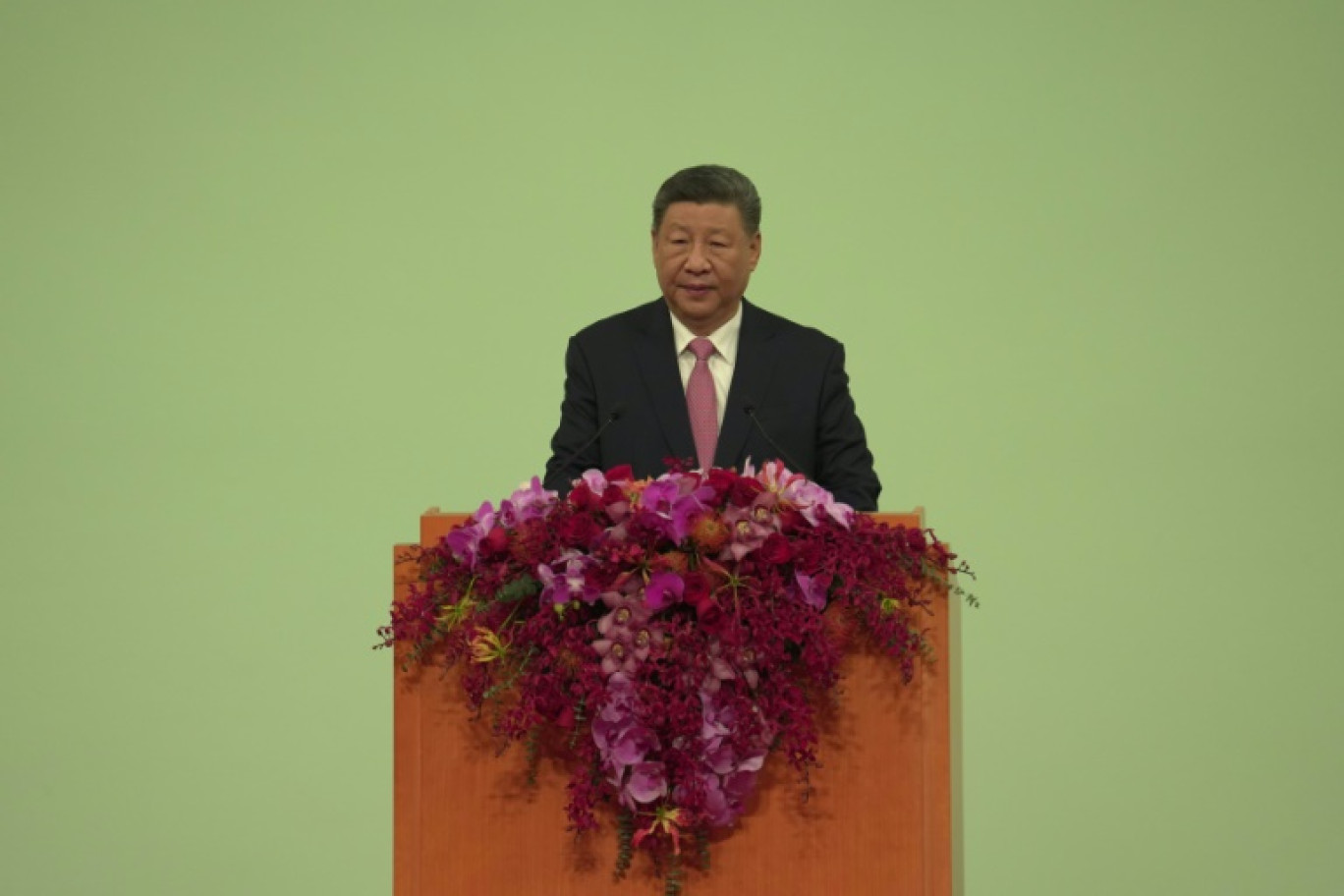 Le président chinois Xi Jinping lors d'un discours à Macao à l'occasion des 25 ans de la rétrocession de l'ancienne colonie portugaise à la Chine le 20 décembre 2024 © Justin CHAN