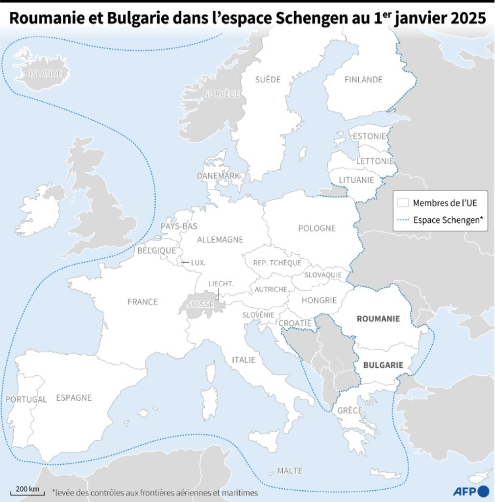 Carte de l'Union européenne et de l'espace Schengen, avec l'intégration de la Roumanie et de la Bulgarie dans l'espace de libre circulation au 1er janvier 2025 © Sophie RAMIS