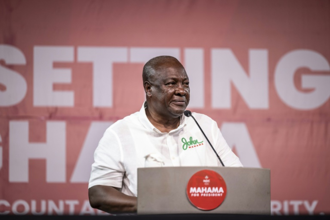 L'ancien président et candidat à la présidence du parti National Democratic Congress (NDC), John Mahama, lors de son dernier meeting de campagne, le 5 décembre 2024 à Accra, au Ghana © OLYMPIA DE MAISMONT