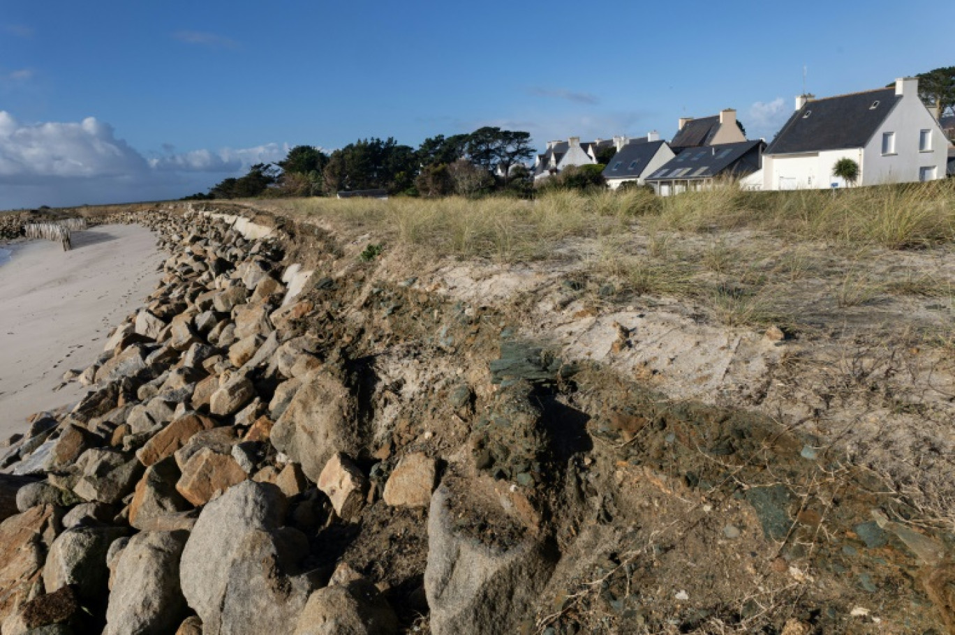 La dune érodée et les maisons en arrière-plan menacées par la submersion marine et l'érosion à Treffiagat, dans le Finistère, le 19 décembre 2024 © FRED TANNEAU