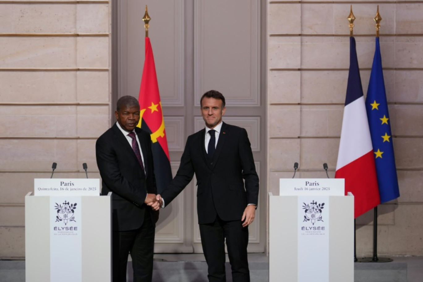 Les présidents français Emmanuel Macron (d) et angolais Joao Lourenço (g) lors d'une conférence de presse commune à l'Elysée, Paris, le 16 janvier 2025 © Aurelien Morissard