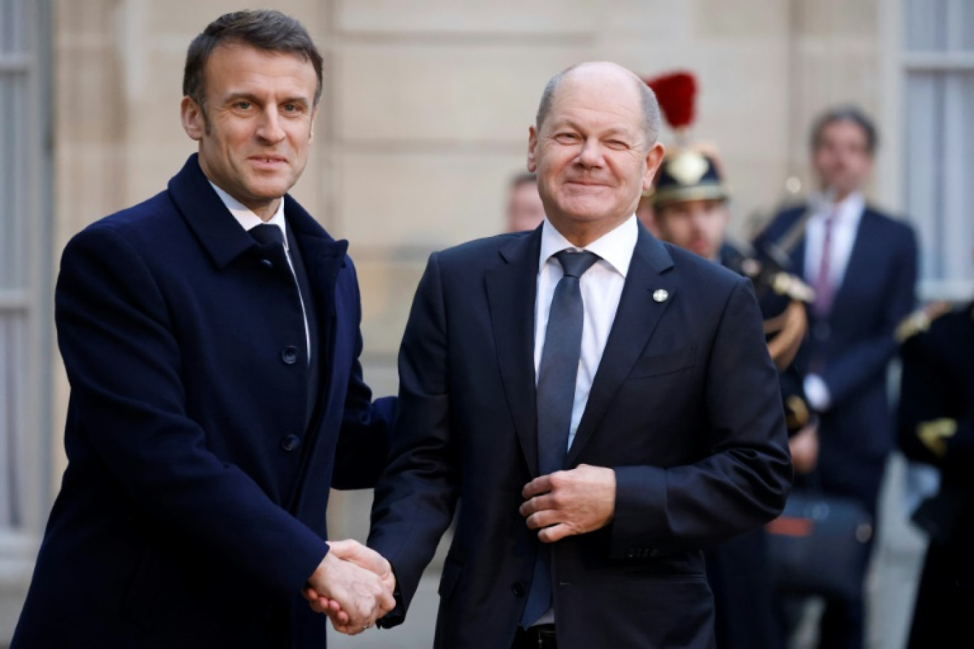 Le président Emmanuel Macron reçoit le chancelier allemand Olaf Scholz à l'Elysée, le 26 février 2024 à Paris © Ludovic MARIN