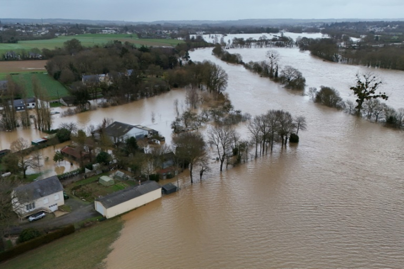 Des maisons en zone inondée après le débordement de la Vilaine, à Guipry-Messac (Ille-et-Vilaine), le 27 janvier 2025 © DAMIEN MEYER