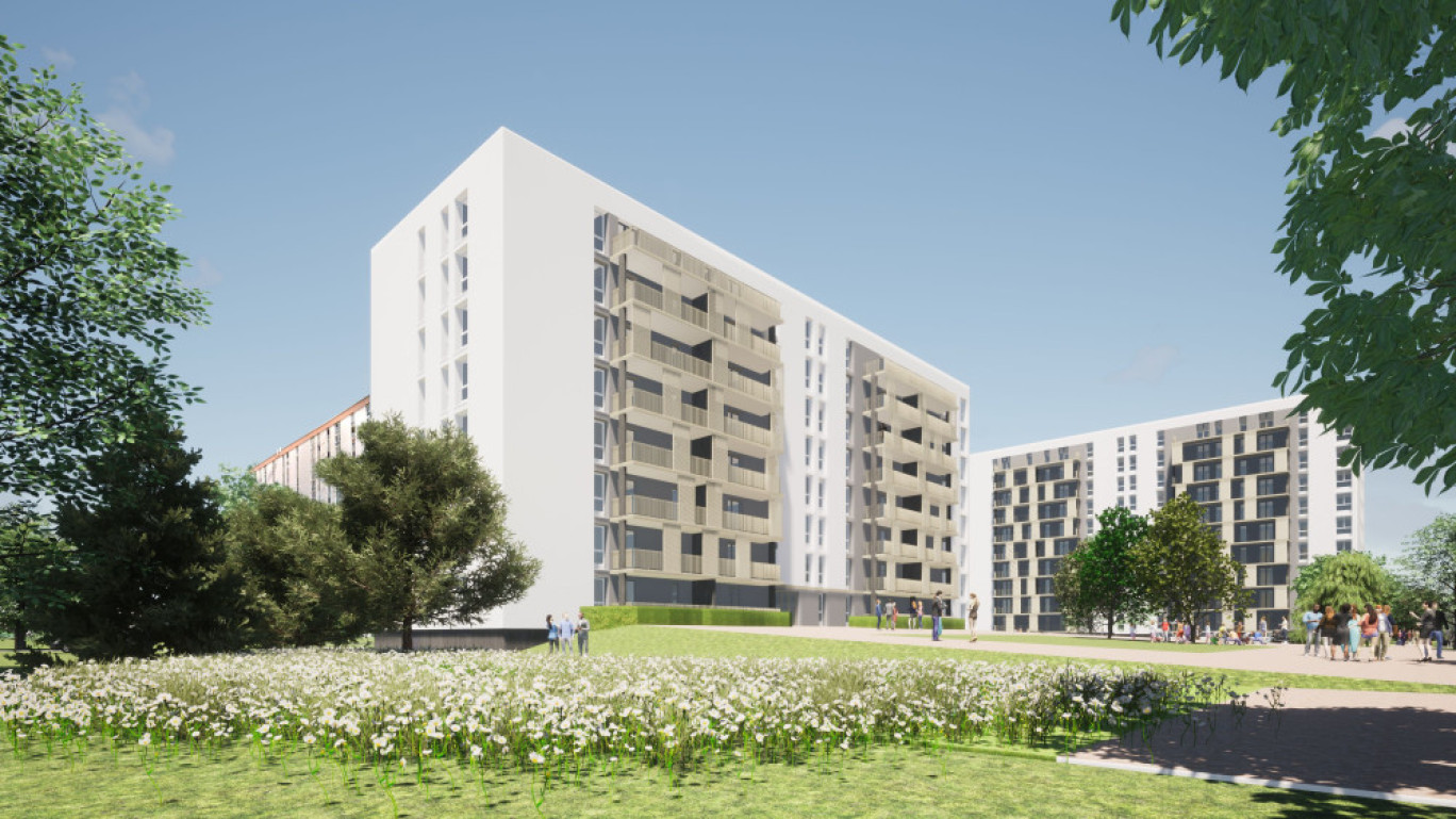 Par exemple, Clésence, une des filiales d'Action Logement, mène une réhabilitation et une modernisation de deux premiers bâtiments au Square Hector Berlioz, dans le cadre du Nouveau Programme National de Renouvellement Urbain (NPNRU) de Compiègne. ©Archetude