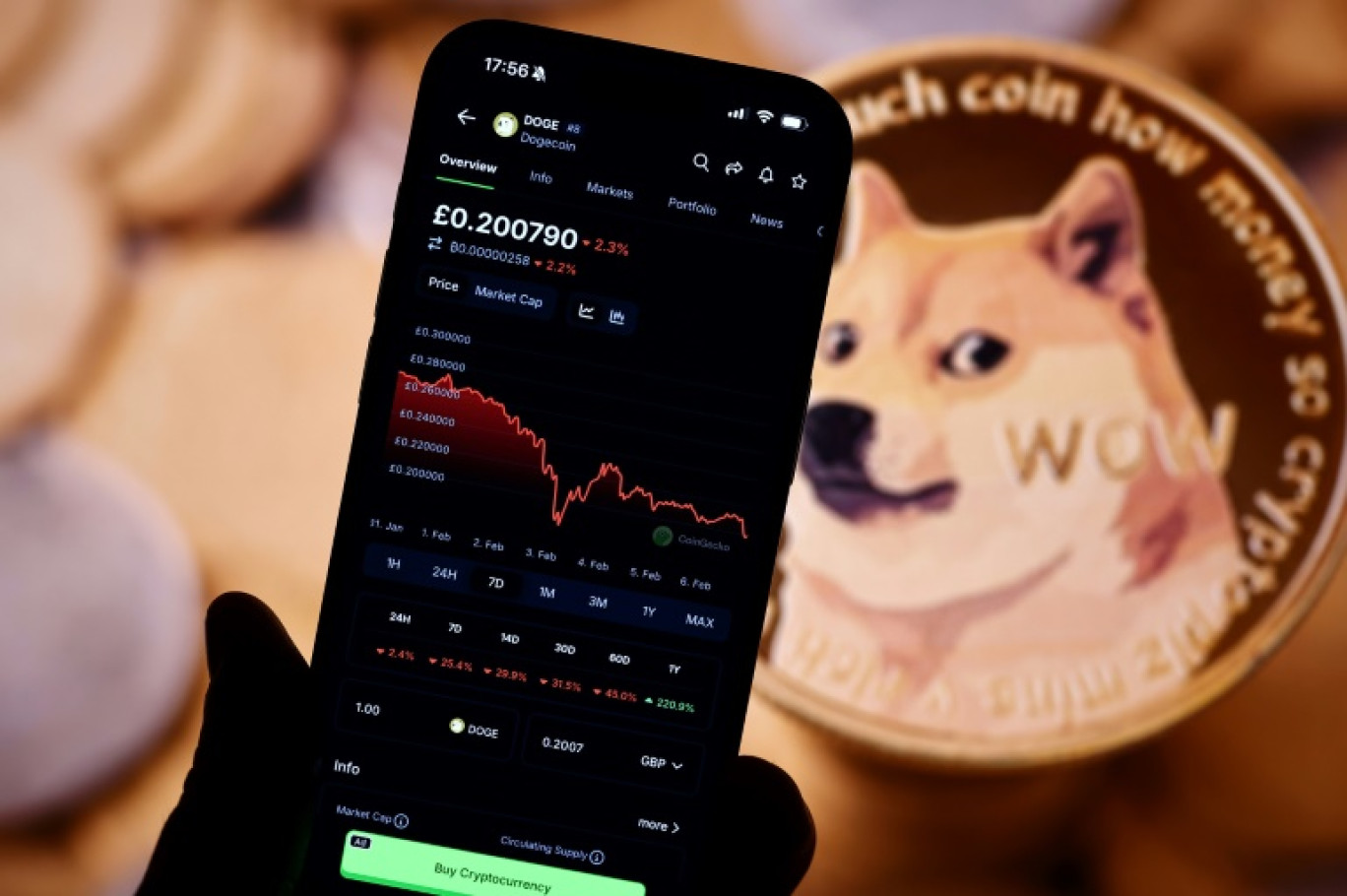 Un smartphone affiche des informations sur les fluctuations du cours du Dogecoin, le 6 février 2025 à Londres © HENRY NICHOLLS