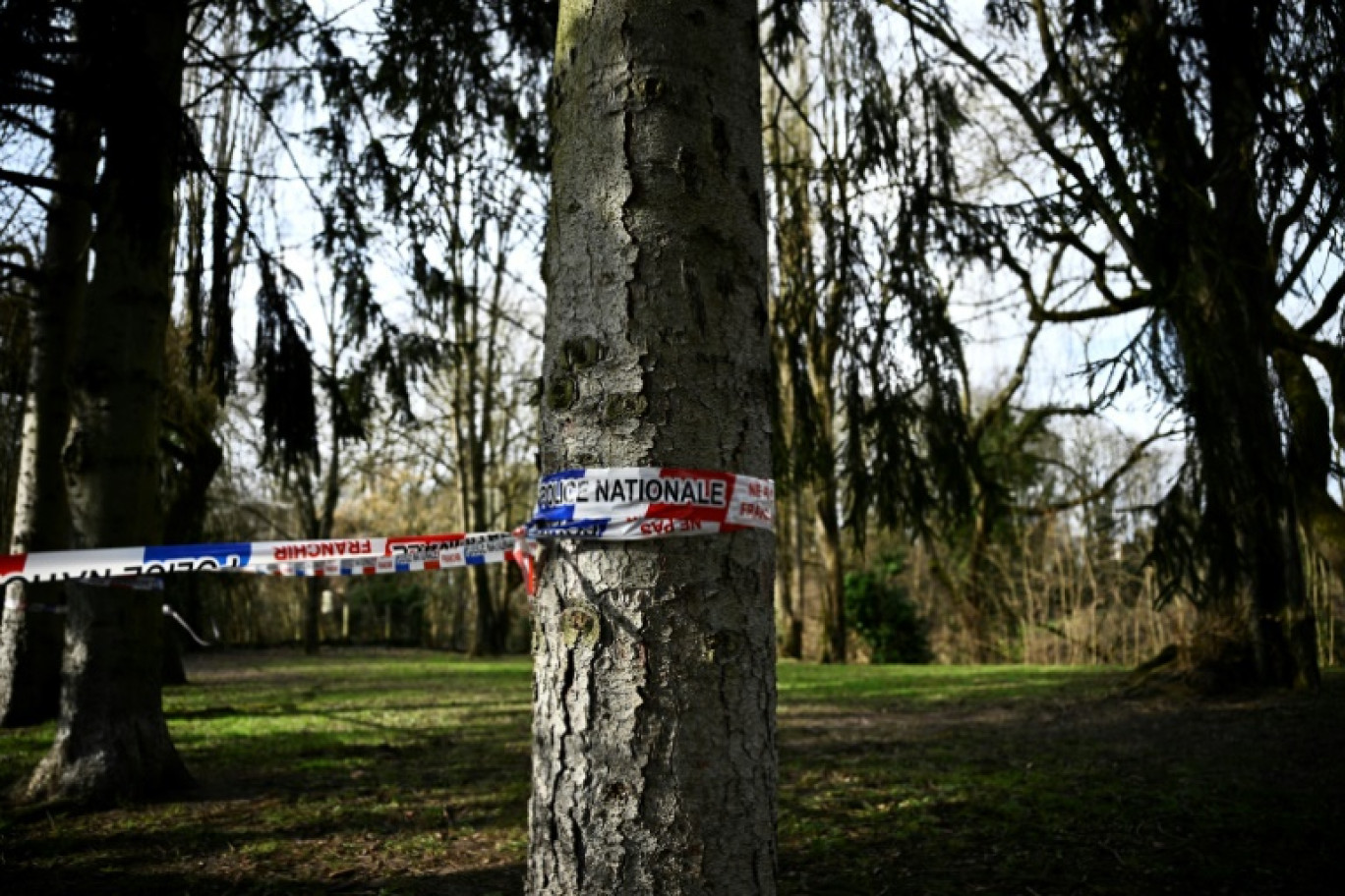 Rubalise et bouquet de fleurs en hommage à la jeune fille retrouvée morte dans un parc à Longjumeau, en Essonne, le 8 février 2025 © JULIEN DE ROSA