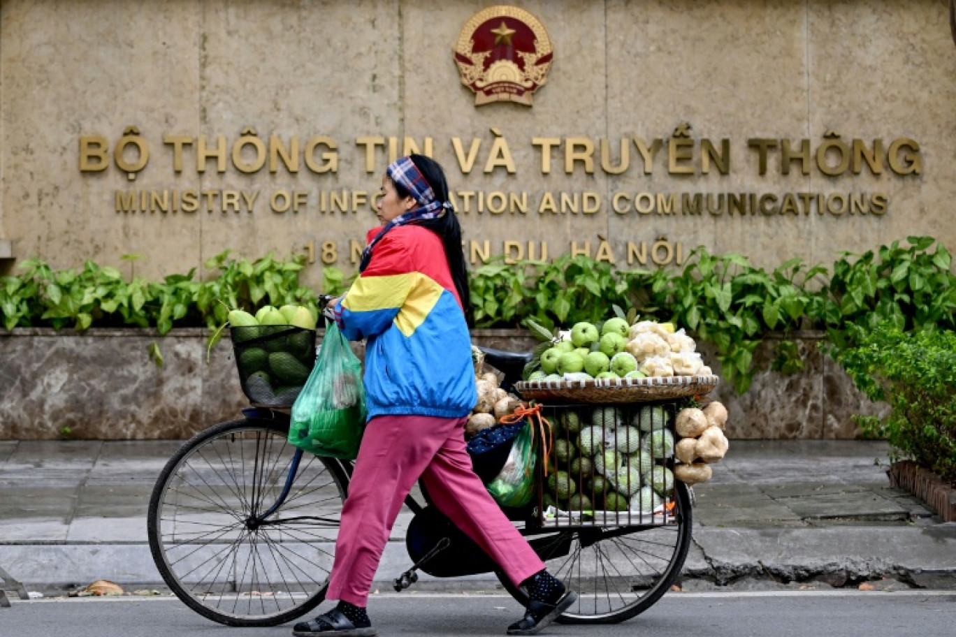 Une vendeuse de fruits devant le ministère vietnamien de l'Information et des Communications à Hanoï, le 5 février 2025 © Nhac NGUYEN