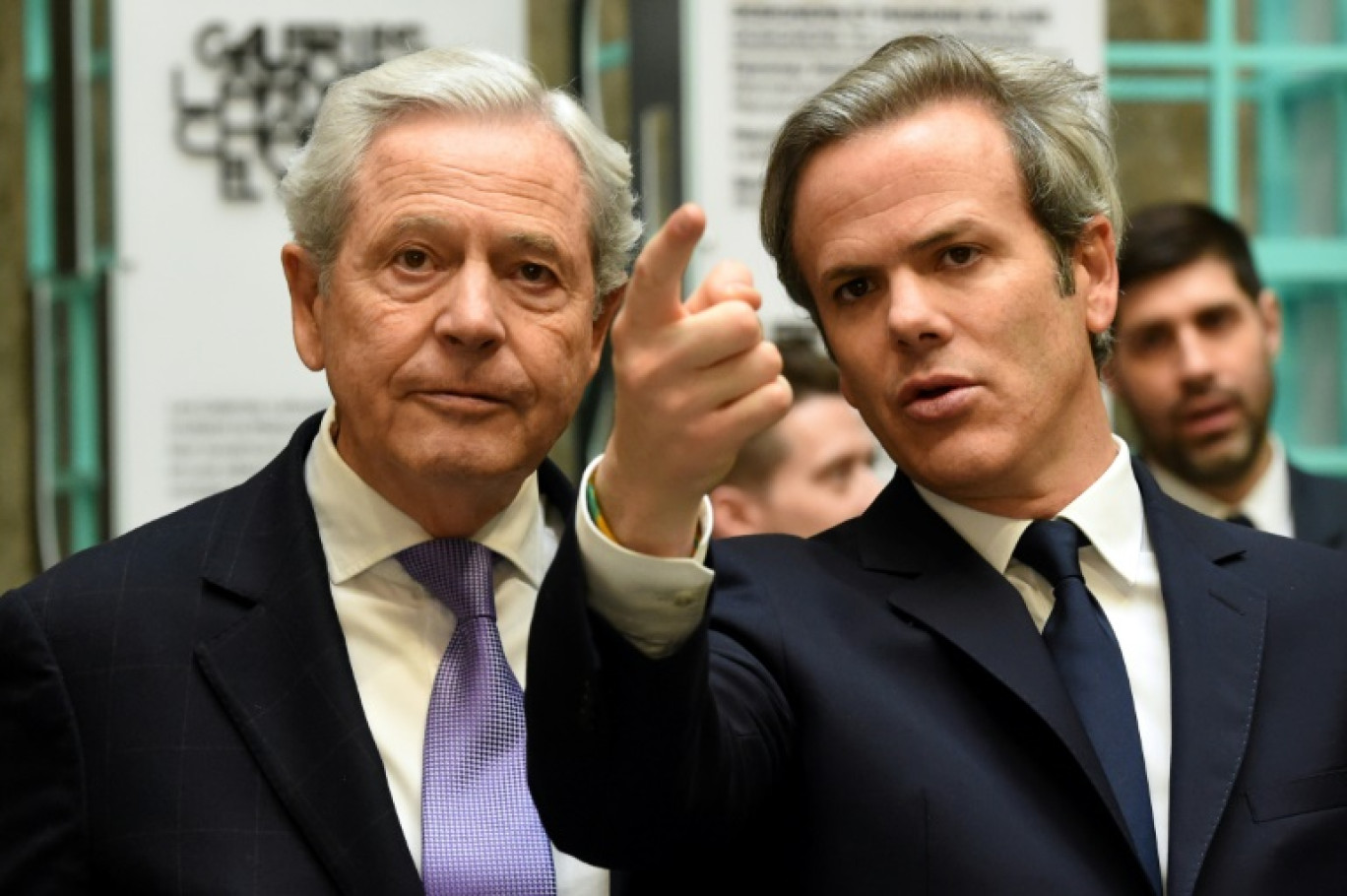 Philippe Houzé (g) et Guillaume Houzé lors de la présentation à la presse du nouveau grand magasin Galeries Lafayette sur les Champs Elysées, le 26 mars 2019 à Paris © ERIC PIERMONT