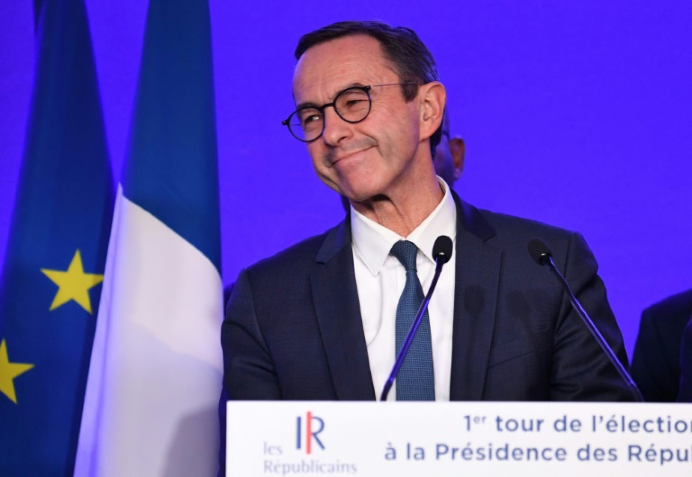 Bruno Retailleau au siège du parti Les Républicains à Paris, le 4 décembre 2022, après les résultats du premier tour de l'élection à la présidence du parti © Alain JOCARD