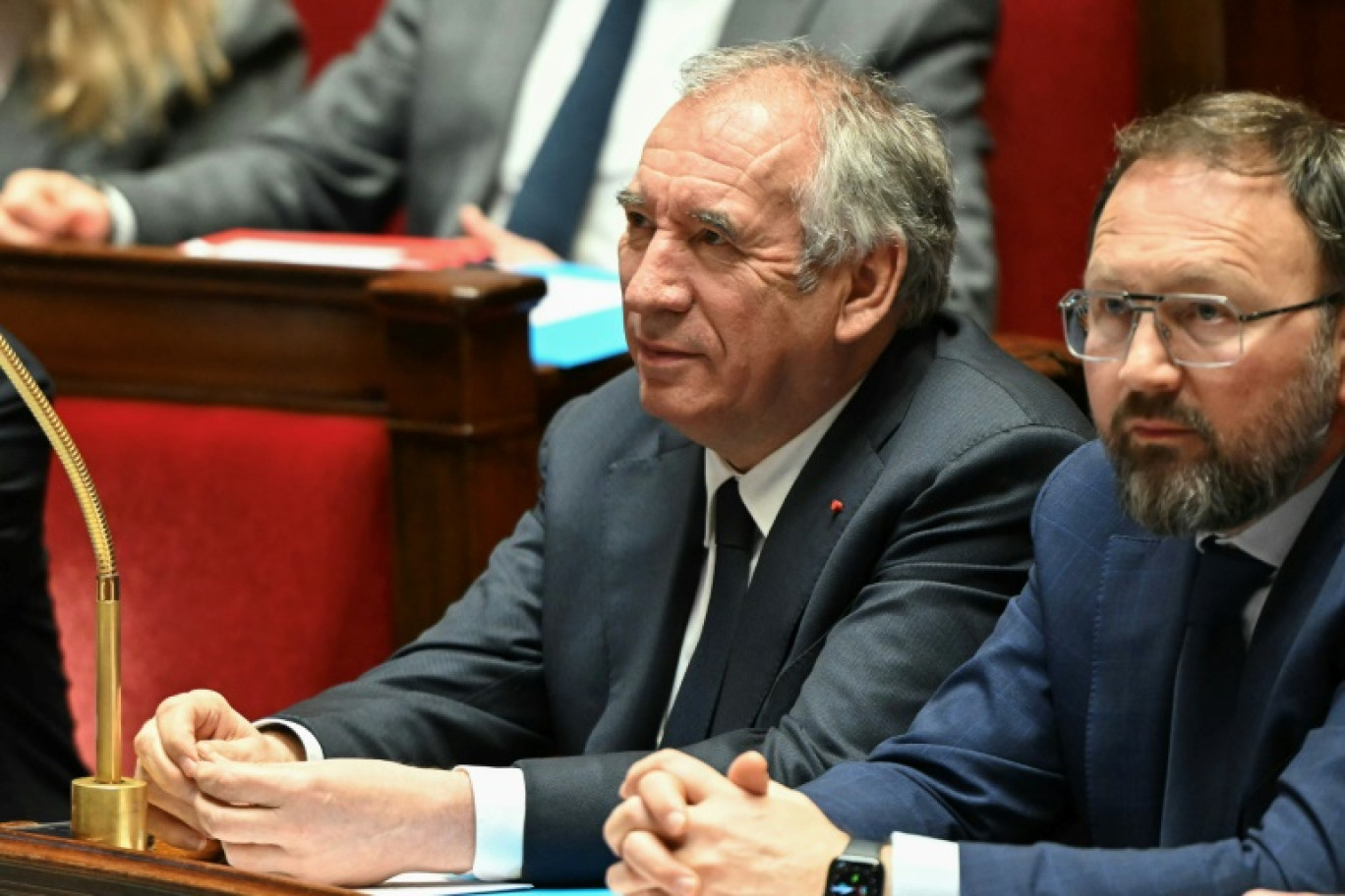 Francois Bayrou et Patrick Mignola lors d'une session de questions au gouvernment à l'Assemblée nationale le 12 février 2025. © Bertrand GUAY