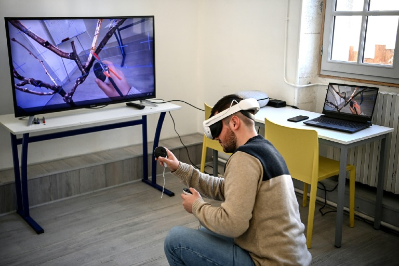 Un étudiant de l'Institut Richemont utilise le logiciel Ampelos lors d'une formation sur la taille de la vigne avec un masque de réalité virtuelle, à Val-de-Cognac, le 17 février 2025 en Charente © Christophe ARCHAMBAULT