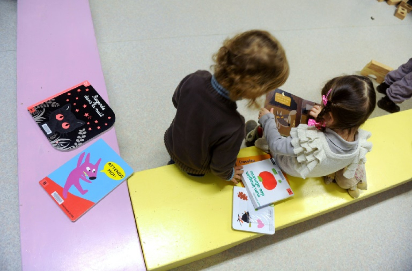 Des enfants de deux ans regardent un livre à Firmi, le 14 janvier 2013 © ERIC CABANIS