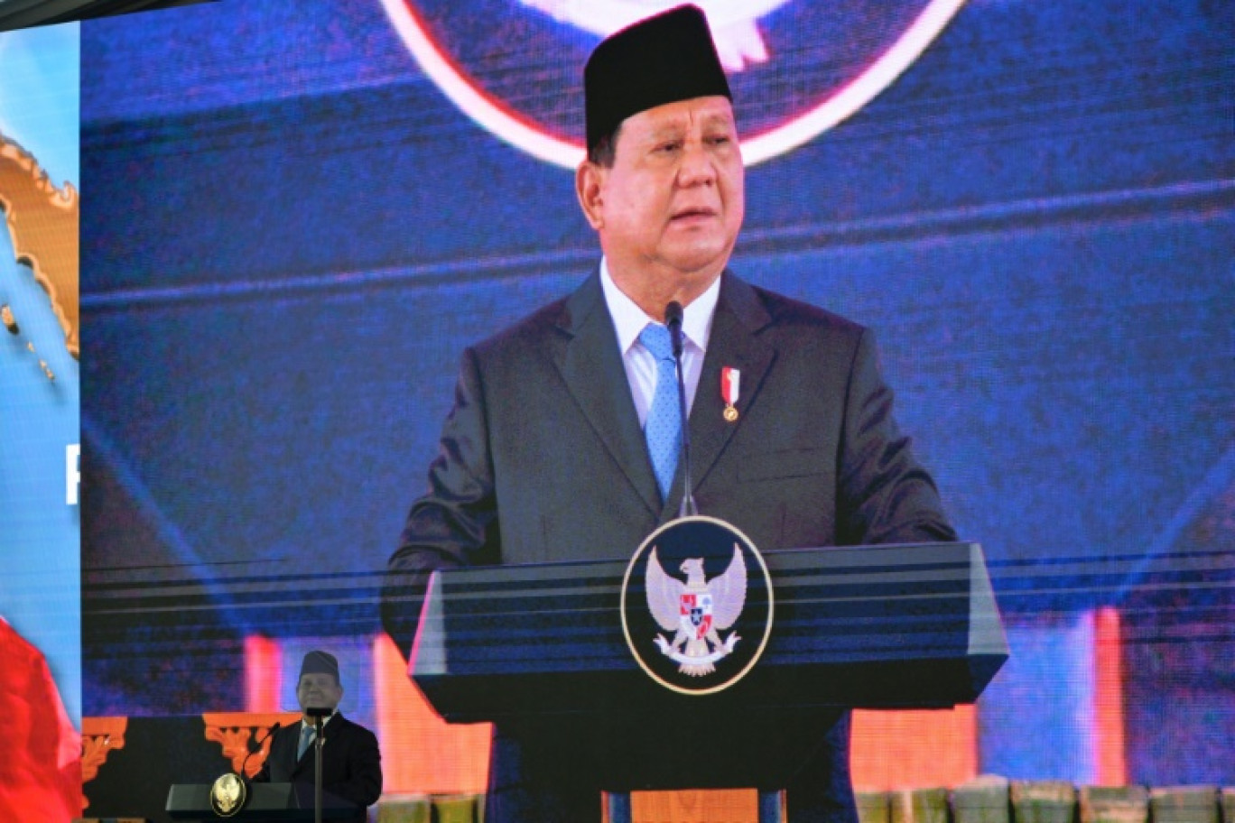 Le président indonésien Prabowo Subianto prononce un discours lors du lancement du fonds souverain Danantara Indonesia, le 24 février 2025 à Jakarta © BAY ISMOYO