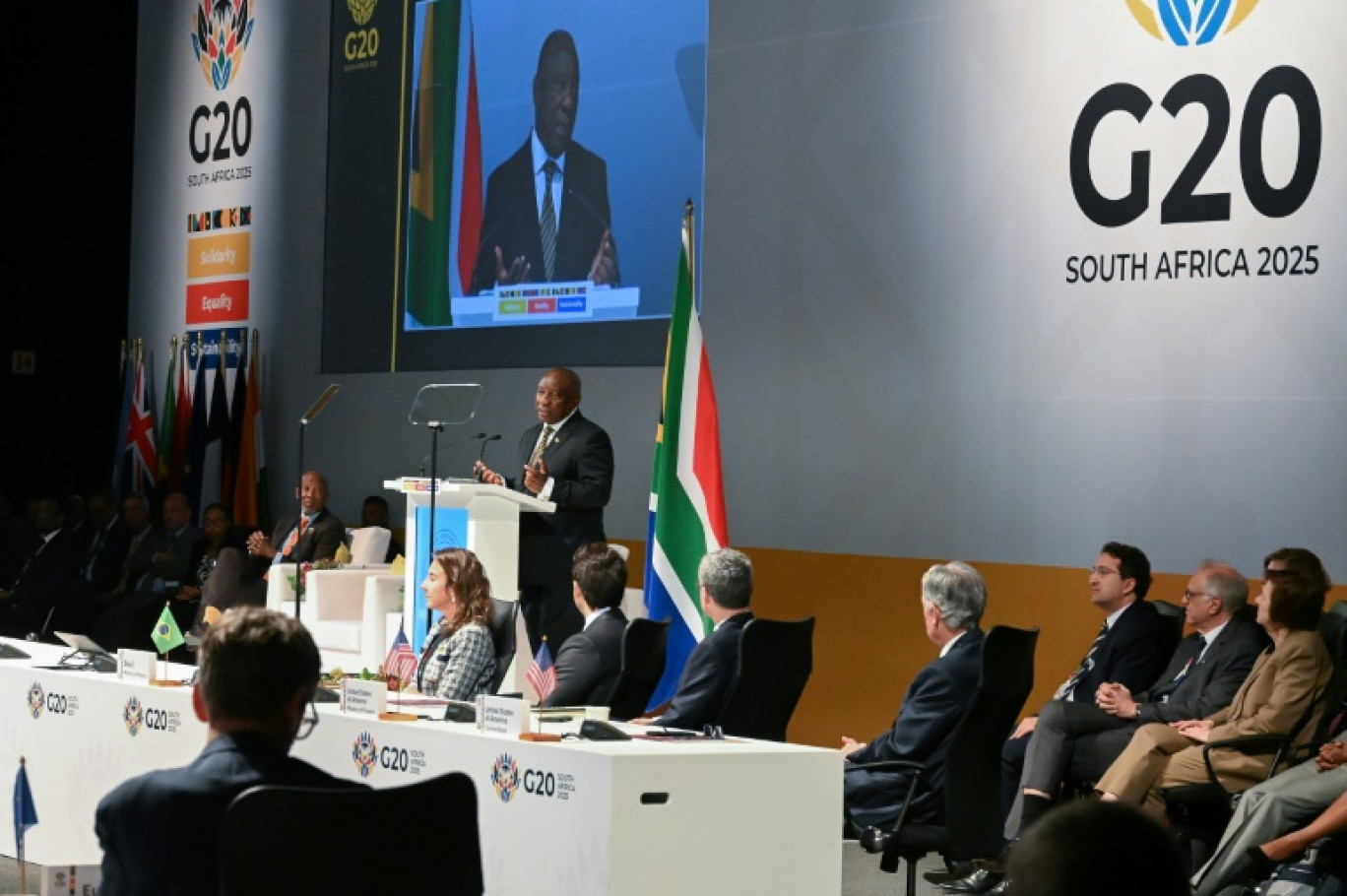 Le président sud-africain Cyril Ramaphosa, lors de son discours d'ouverture au Cap d'une réunion des ministres des Finances et gouverneurs de Banques centrales du G20 le 26 février 2025 © RODGER BOSCH