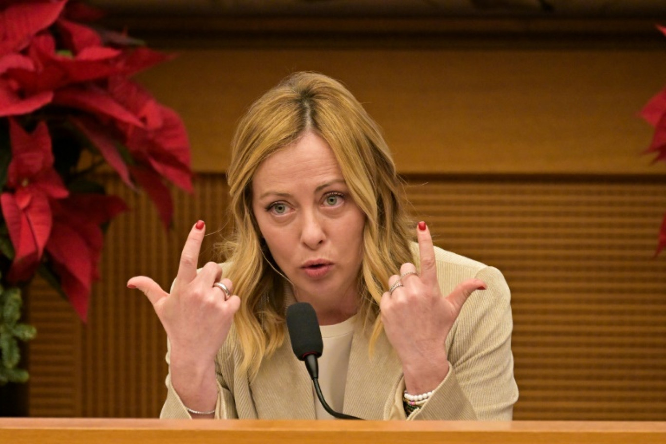 Giorgia Meloni lors de sa conférence de presse de fin d'année à Rome, le 4 janvier 2024 © Andreas SOLARO