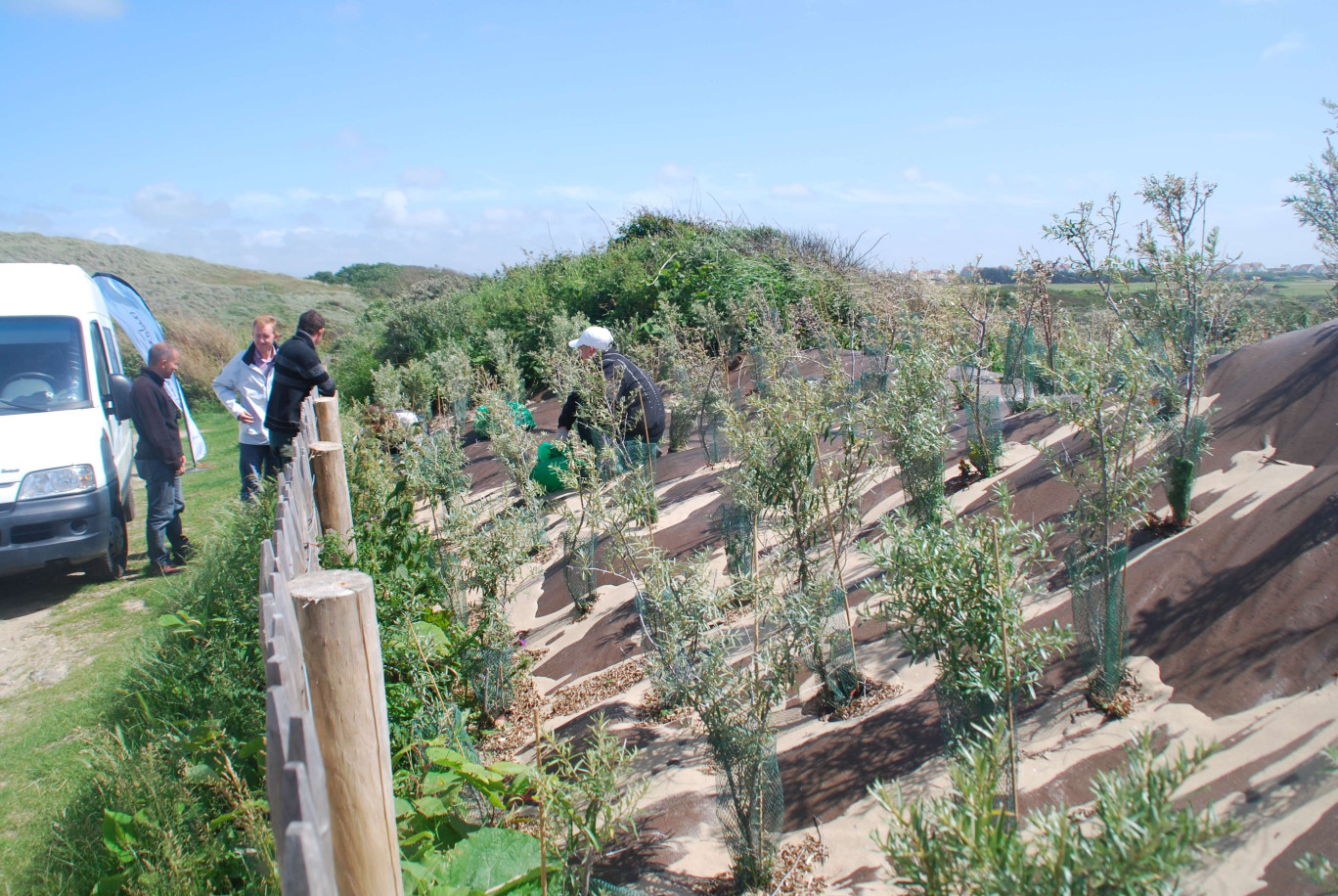 Depuis mai 2011, les salariés de Rivages Propres travaillent sur le Site des Deux Caps dans le cadre de l'Opération Grand Site, comme ici dans les dunes de Slack.