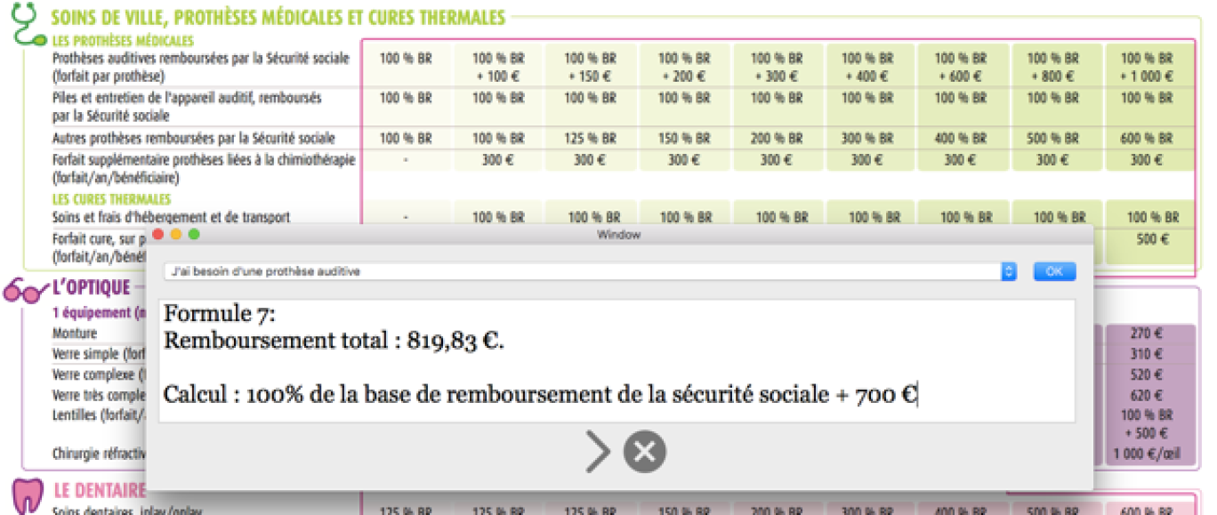 Exemple de simplification d'un tableau de garanties : capture écran du résultat de l’algorithme de compréhension d’un tableau de garanties de mutuelle (M comme Mutuelle) pour un besoin connu (ex : « j’ai besoin d’une prothèse auditive »)