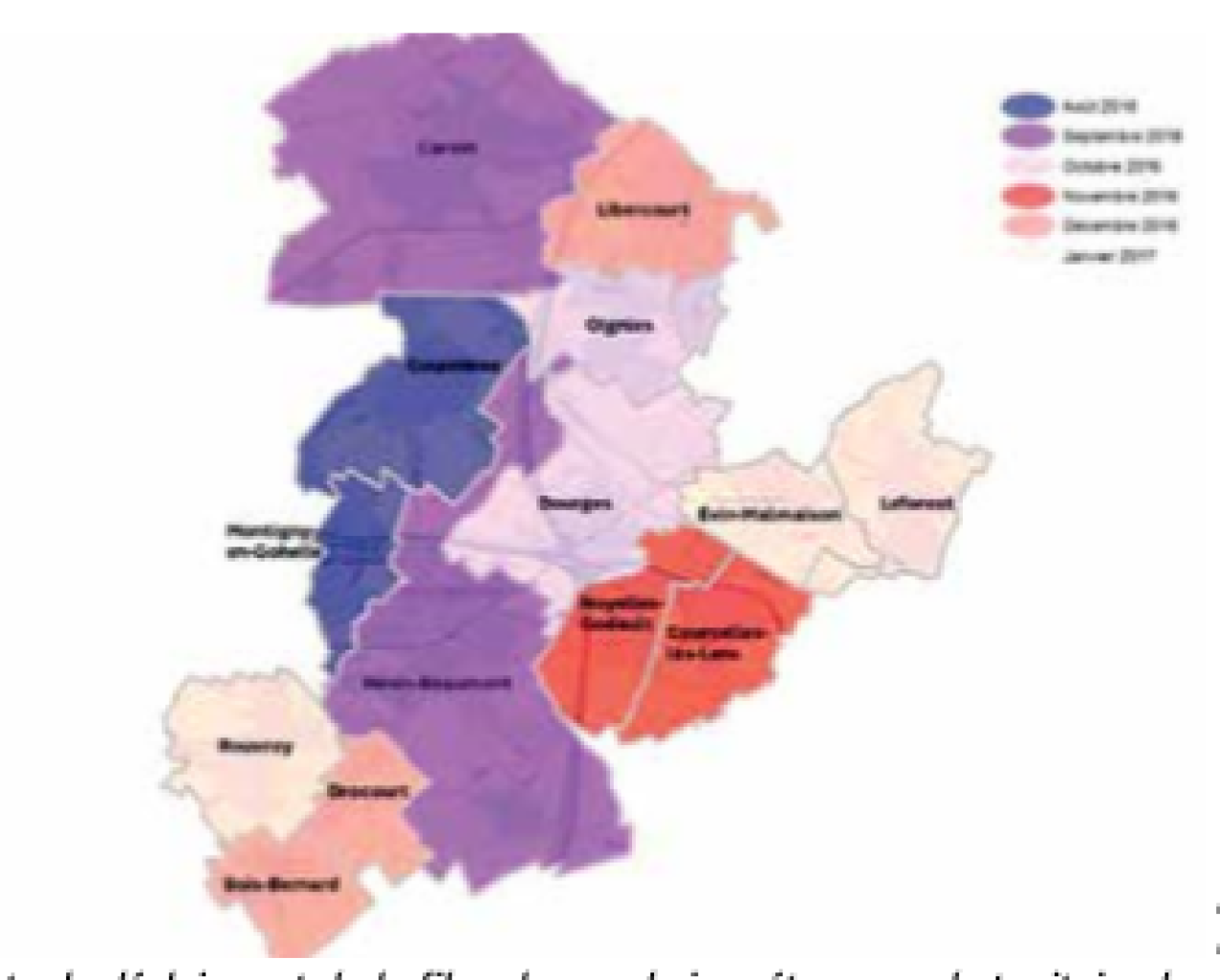 Carte du déploiement de la fibre, les prochaines étapes sur le territoire de l’agglomération d’Hénin-Carvin. D’ici janvier 2017, 44 000 logements et locaux professionnels pourront bénéficier du Très Haut Débit SFR.