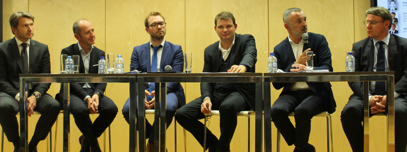 De gauche à droite, les intervenants à la seconde partie de la table ronde, Guido J. Imfeld, Bruno Platel, Raphaël Rault, Stéphane Dhonte, Christophe Roquilly, et Michel Kukula-Descelers.