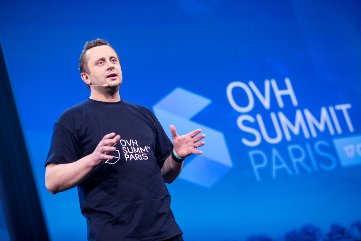 Octave Klaba, founder of OVH, during his keynote speech at the OVH Summit, Paris.