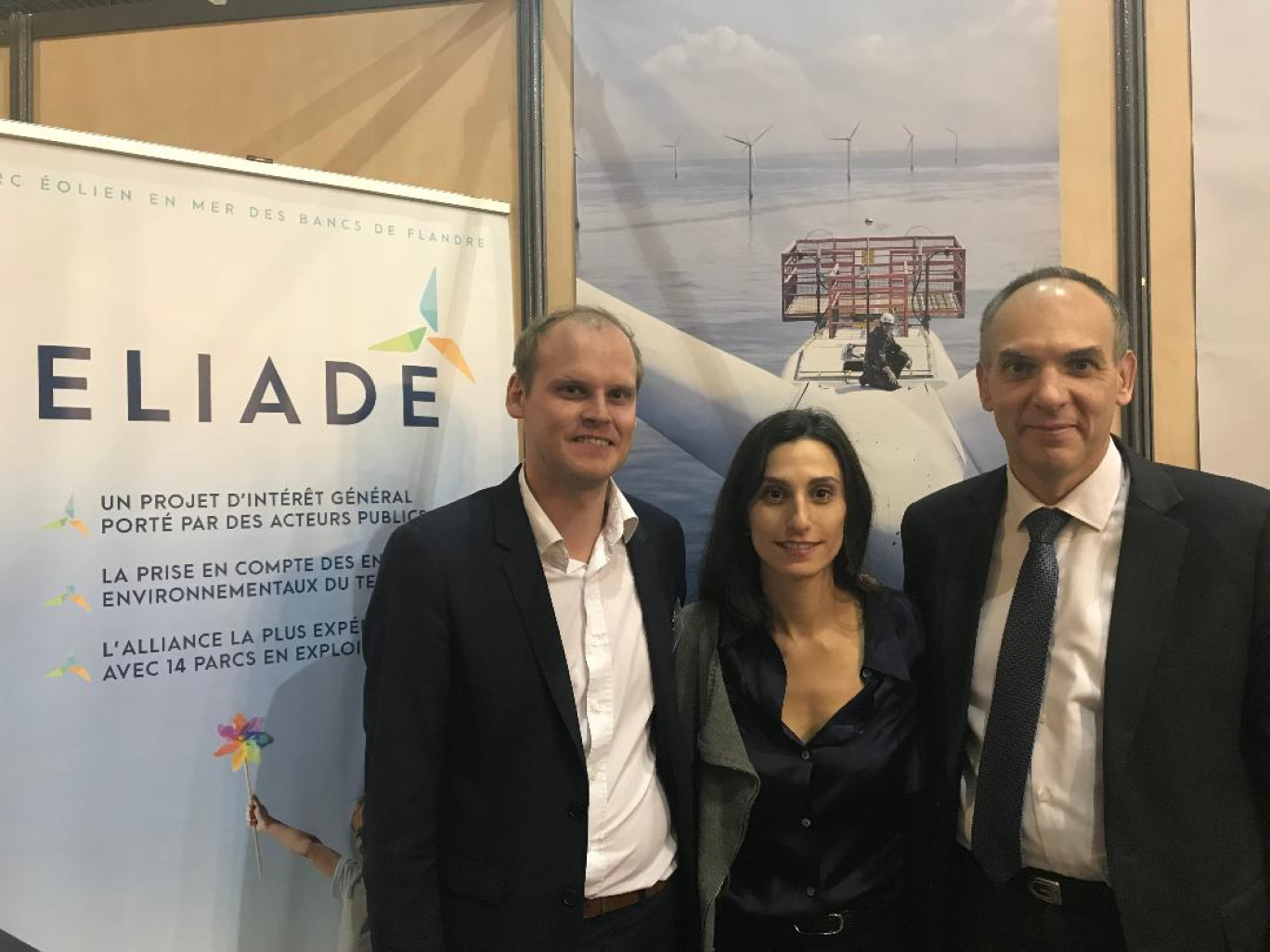  Pierre Warlop, responsable industriel du projet Eliade pour WPD offshore, Yara Chahktoura, DG de Vattenfall éolien SAS, et Emmanuel Legrand, directeur du département transition énergétique à la direction de l’investissement de la Banque des territoires.